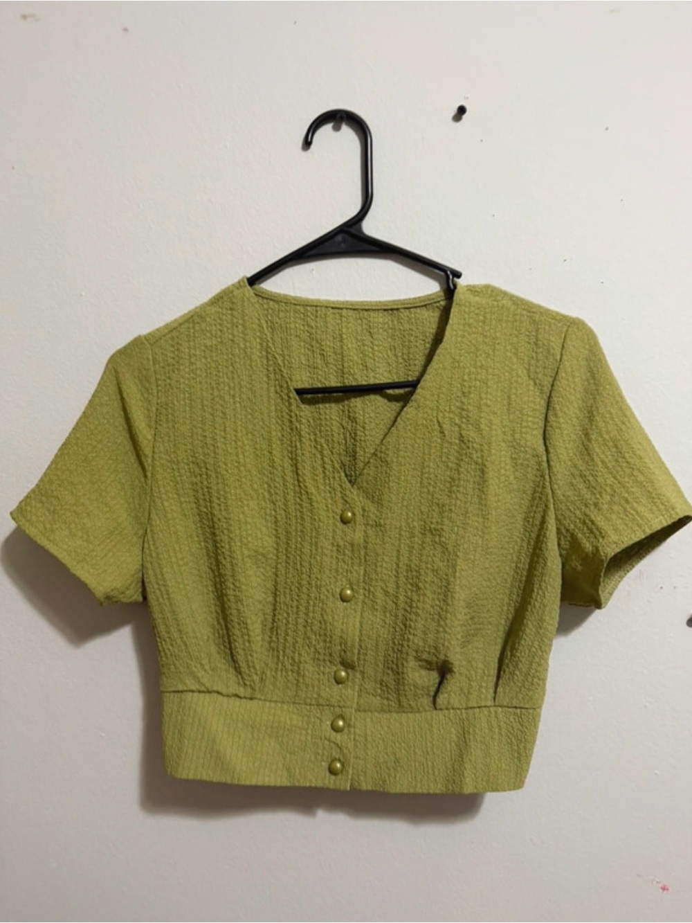 Olive Short-Sleeve Button Crop Dress Top - Picture 2 of 3